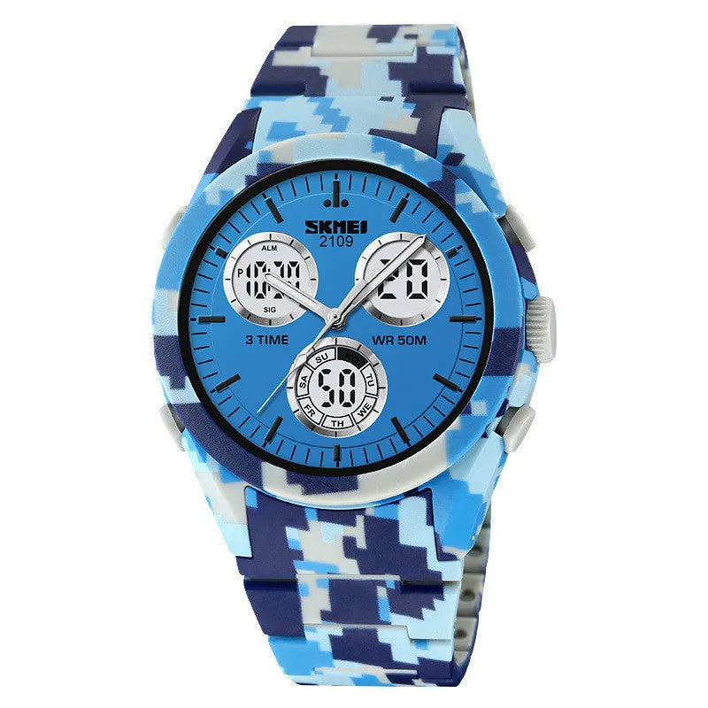 Electronic digital watch with a camouflage TPU strap and resin mirror, showing time on display.