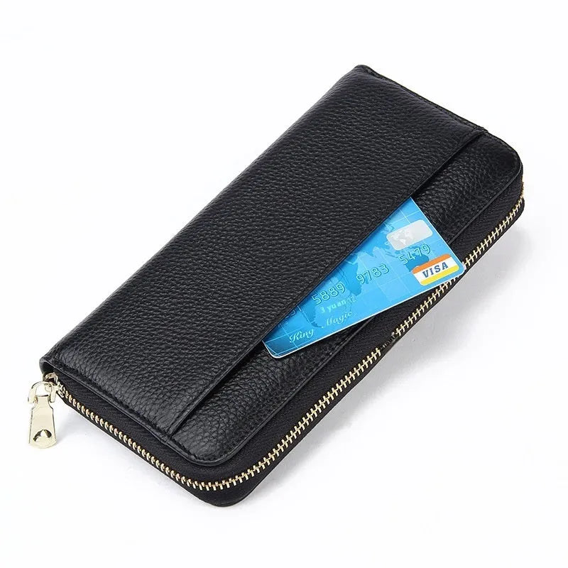 Genuine leather long bifold wallet for women in multiple solid colours showing bifold design.