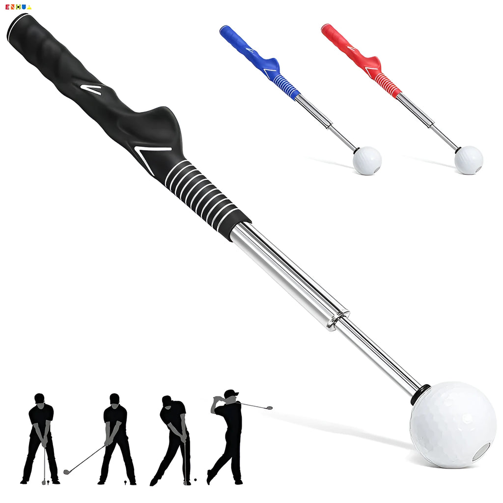 Telescopic golf swing trainer with stainless steel construction in black, blue, or red colours