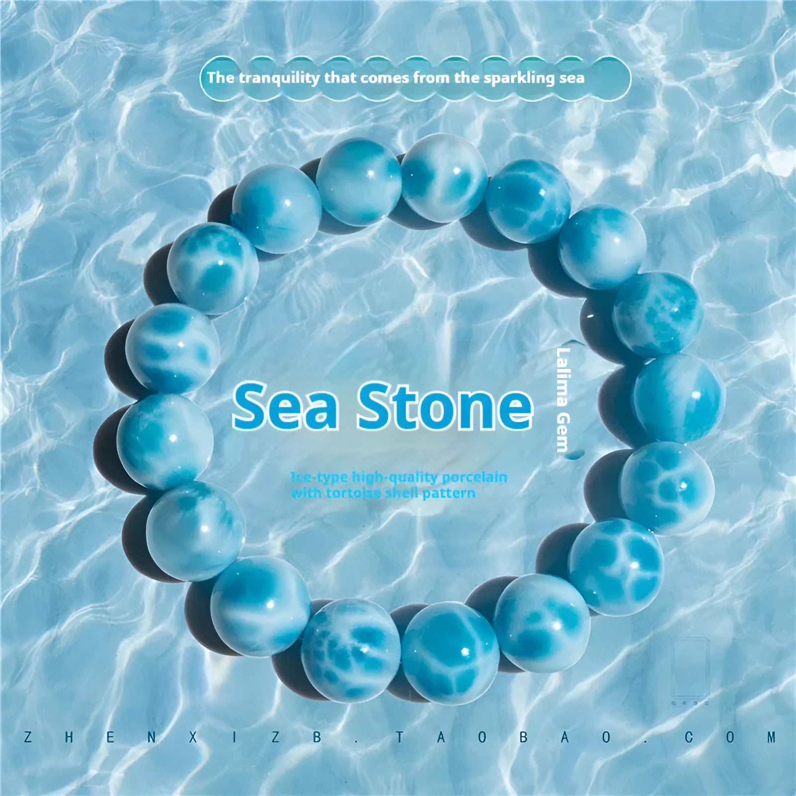 Blue handmade bodhi bracelet with natural crystal sea-pattern stone and pearl beads in Maillard style.