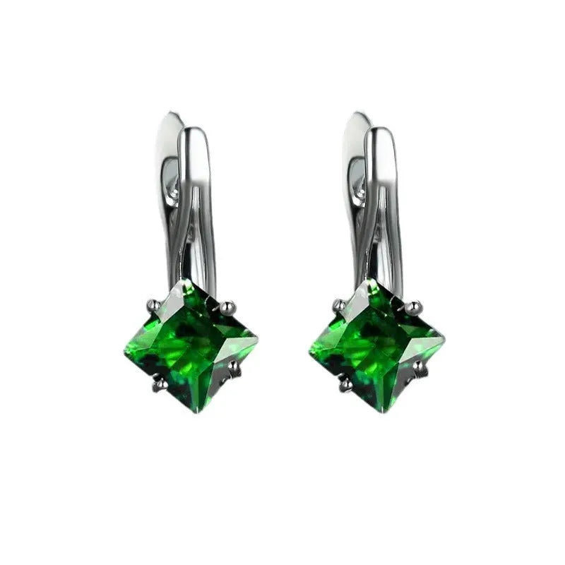 Women's copper earrings with diamond design pattern and zircon inlaid gemstones in blue, green and colour variations