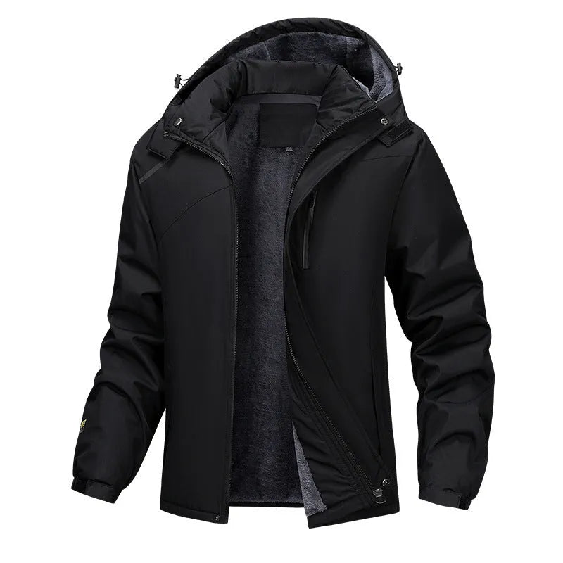 Men's plus size loose fit hooded coat in army green, showing front view with zipper and hood.