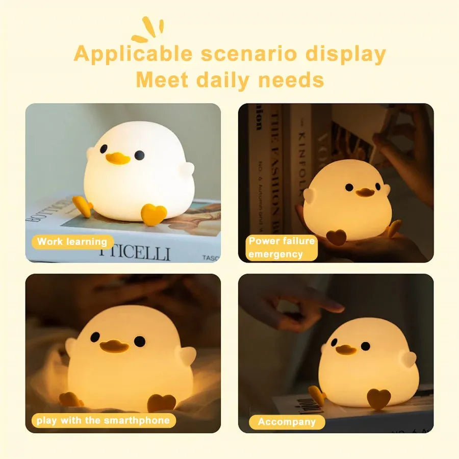 Doudou Duck silicone night light, BPA-free, squeeze to glow, 2 brightness levels, USB charging
