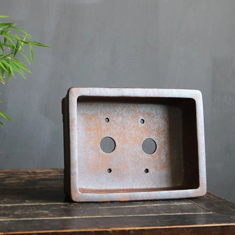 Purple sand rectangular bonsai planter for pine or boxwood trees, shown in large and small size options.
