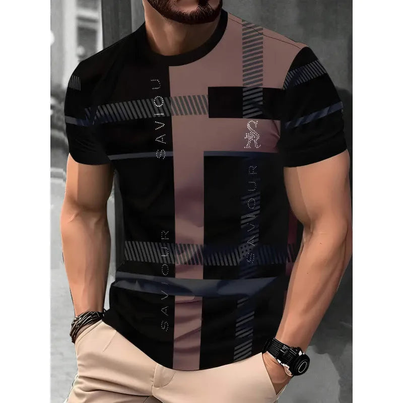 Men's loose fit short-sleeved T-shirt with digital 3D printed striped pattern