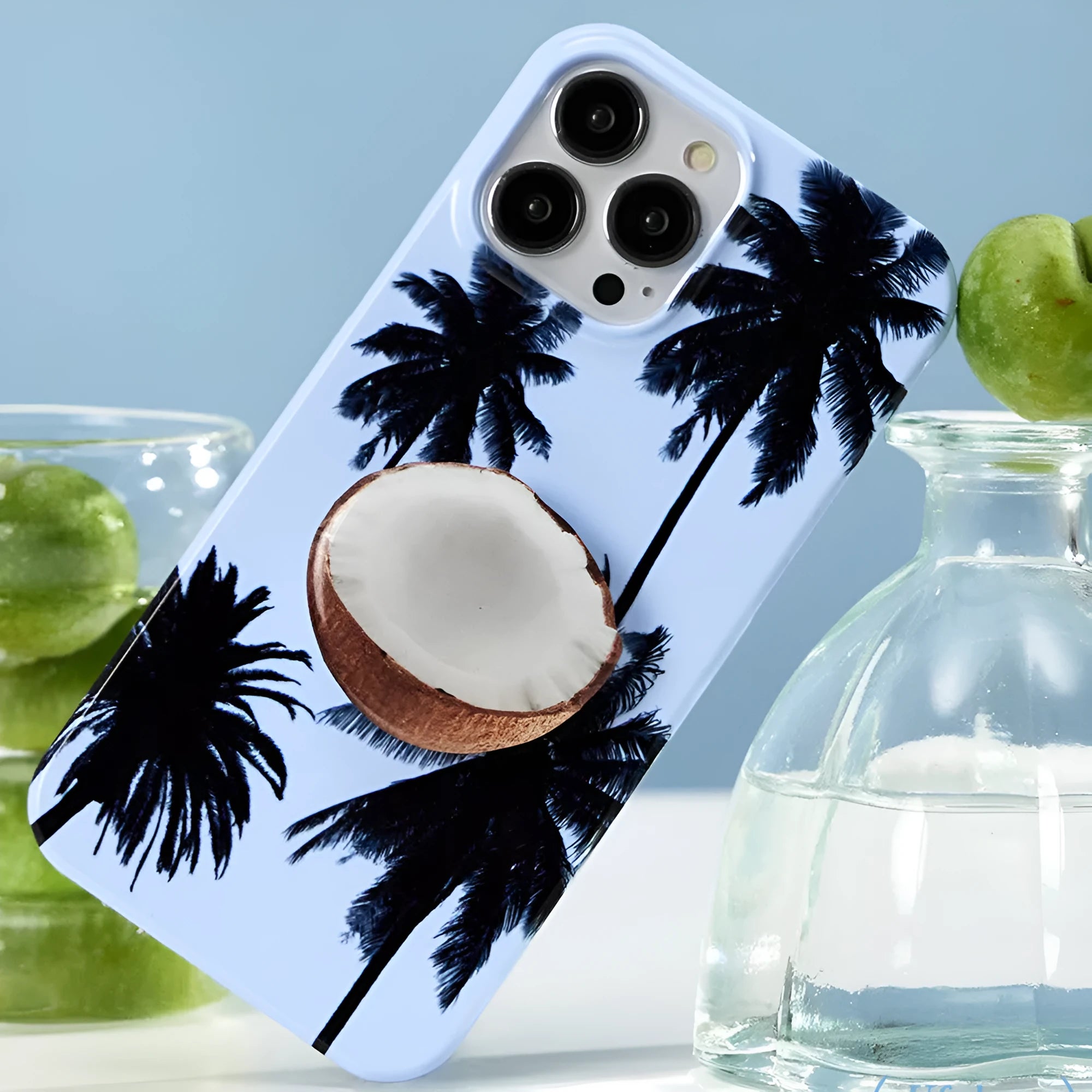 Summer coconut design TPU iPhone case shown with optional bracket attachment for multiple iPhone models