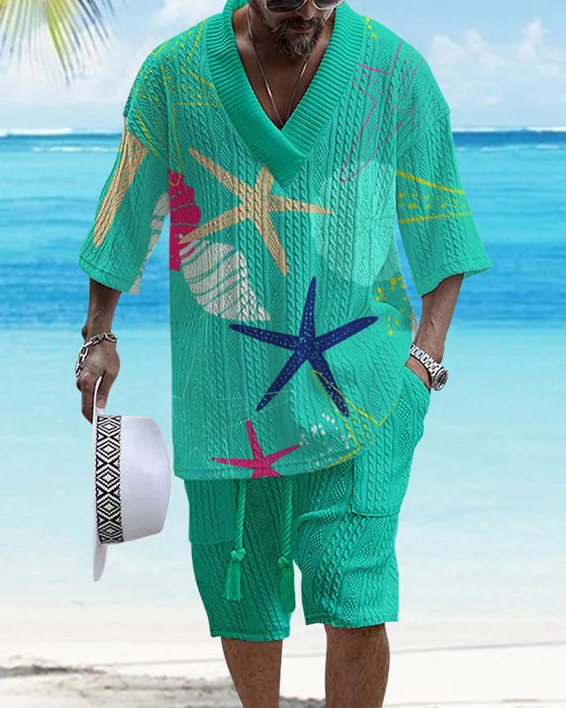 Men's loose casual short sleeve suit with matching shorts in polyester fabric