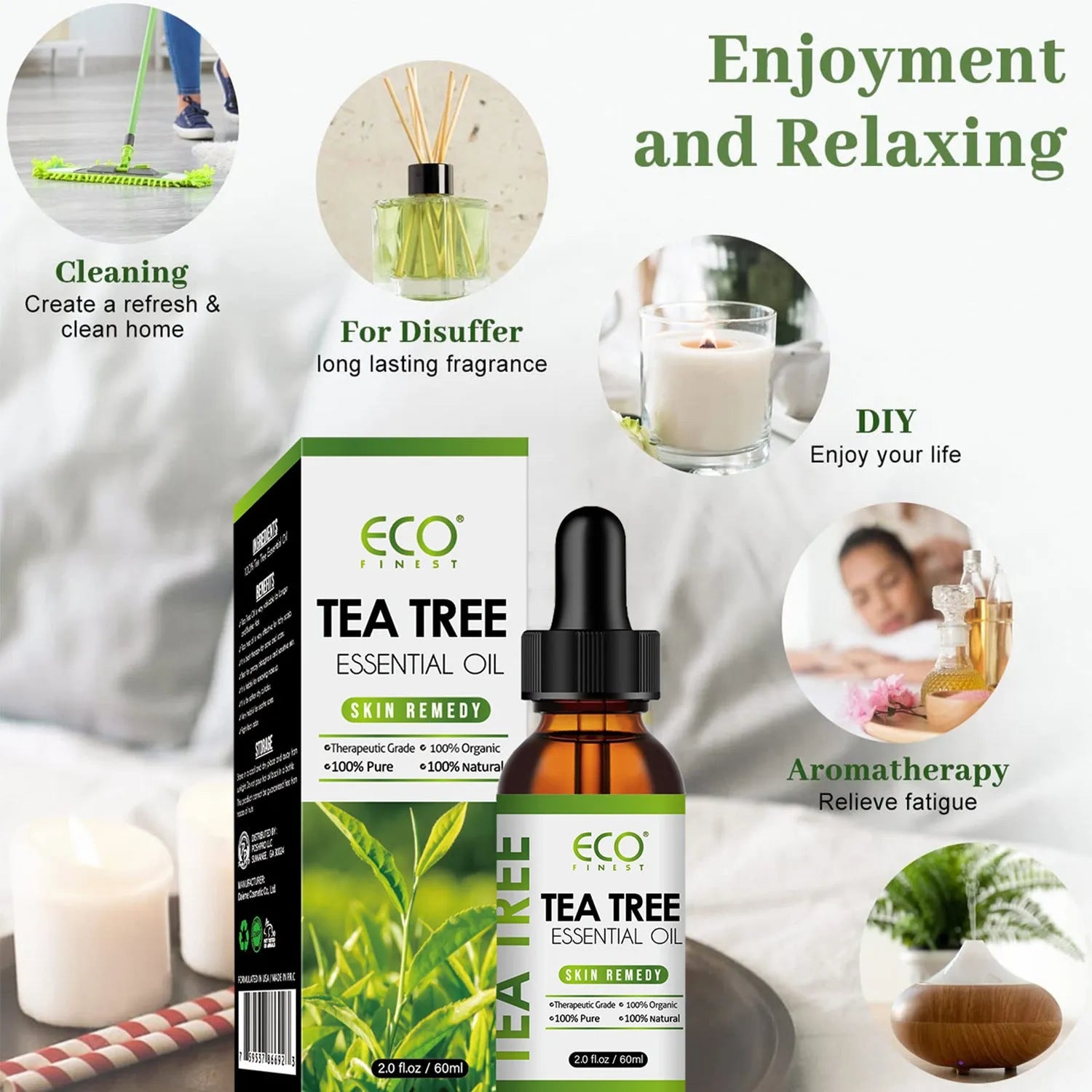60ml bottle of pure tea tree essential oil for acne treatment and skin care
