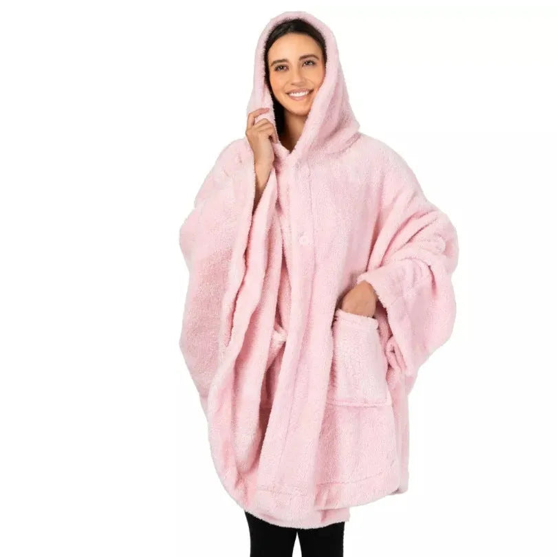 Super thick hooded polyester bathrobe in cardigan style with long sleeves