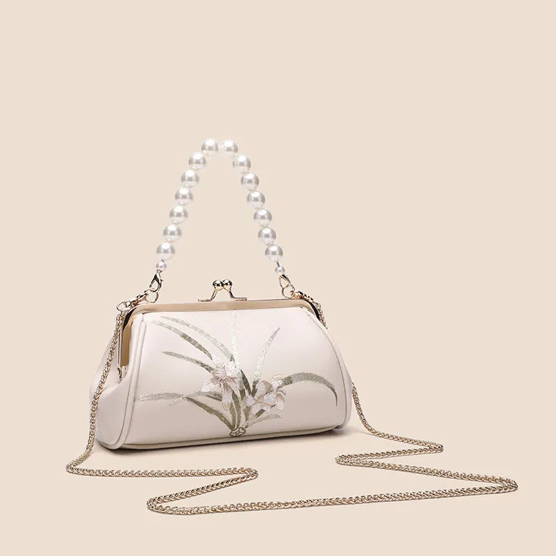 Beige embroidered PU shell shape women's shoulder bag with soft texture and casual style