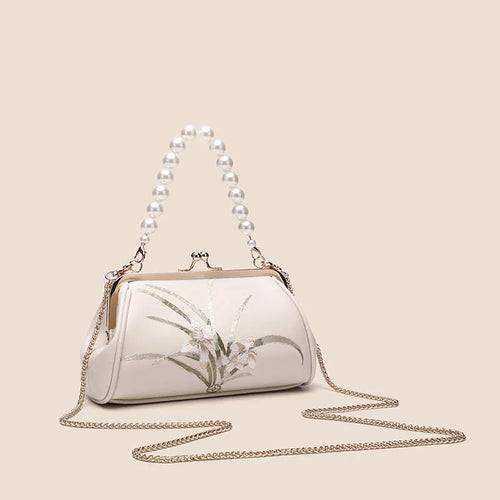 Beige embroidered PU shell shape women's shoulder bag with soft texture and casual style