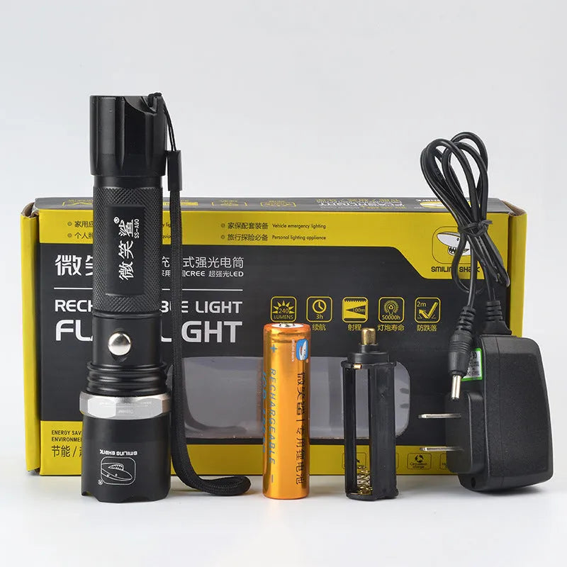 Aluminium alloy rechargeable focusing LED flashlight in black with adjustable beam