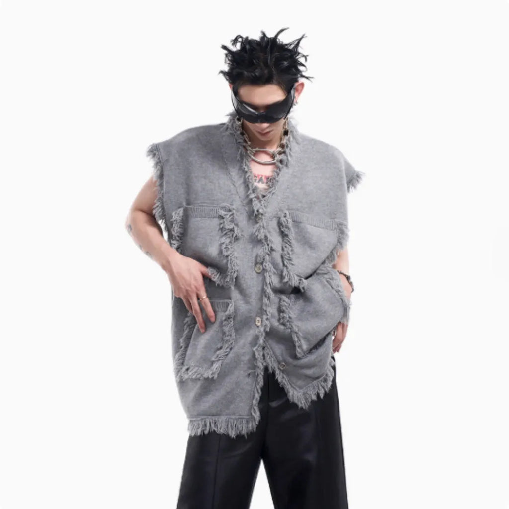 Men's special-interest design V-neck sweater vest coat in autumn Korean style, blue, front view