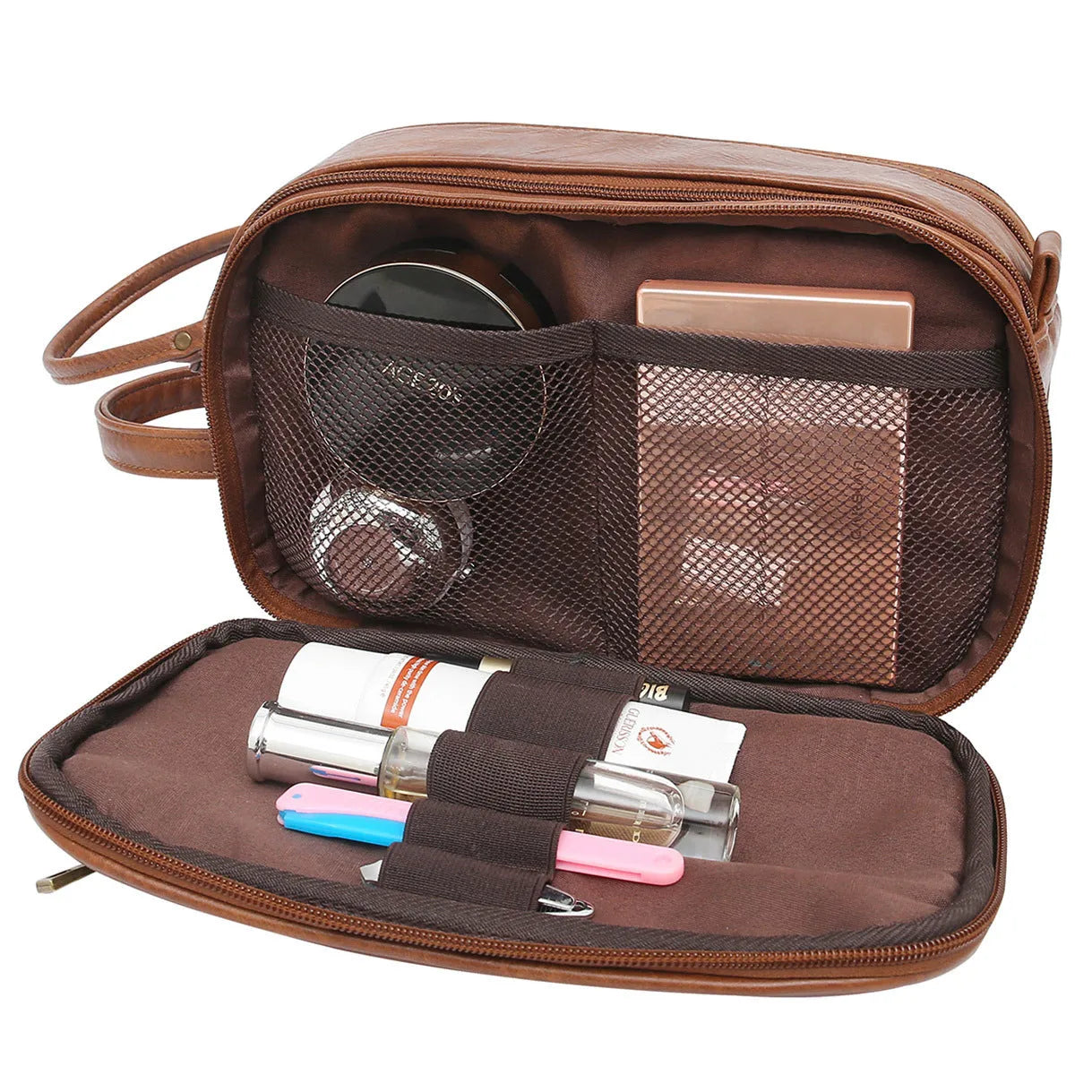 Men's solid colour PU toiletry bag for travel storage in black or brown