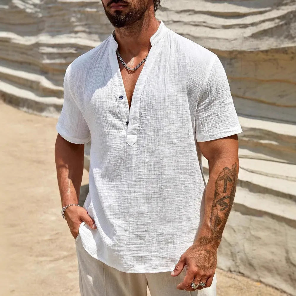 Men's light blue short-sleeved casual shirt with a stand collar.