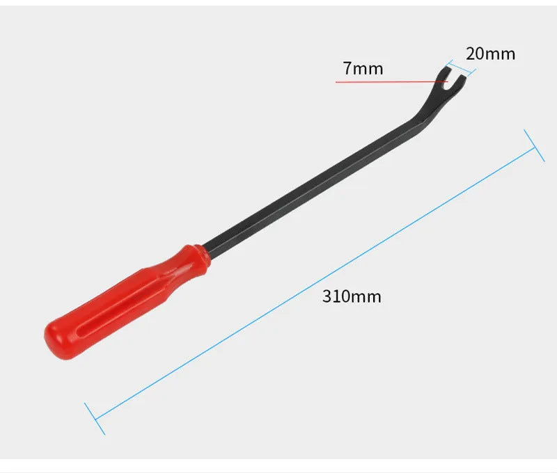 Red handle automotive clip driver tool for General Motors door panel nailing with light switch pliers