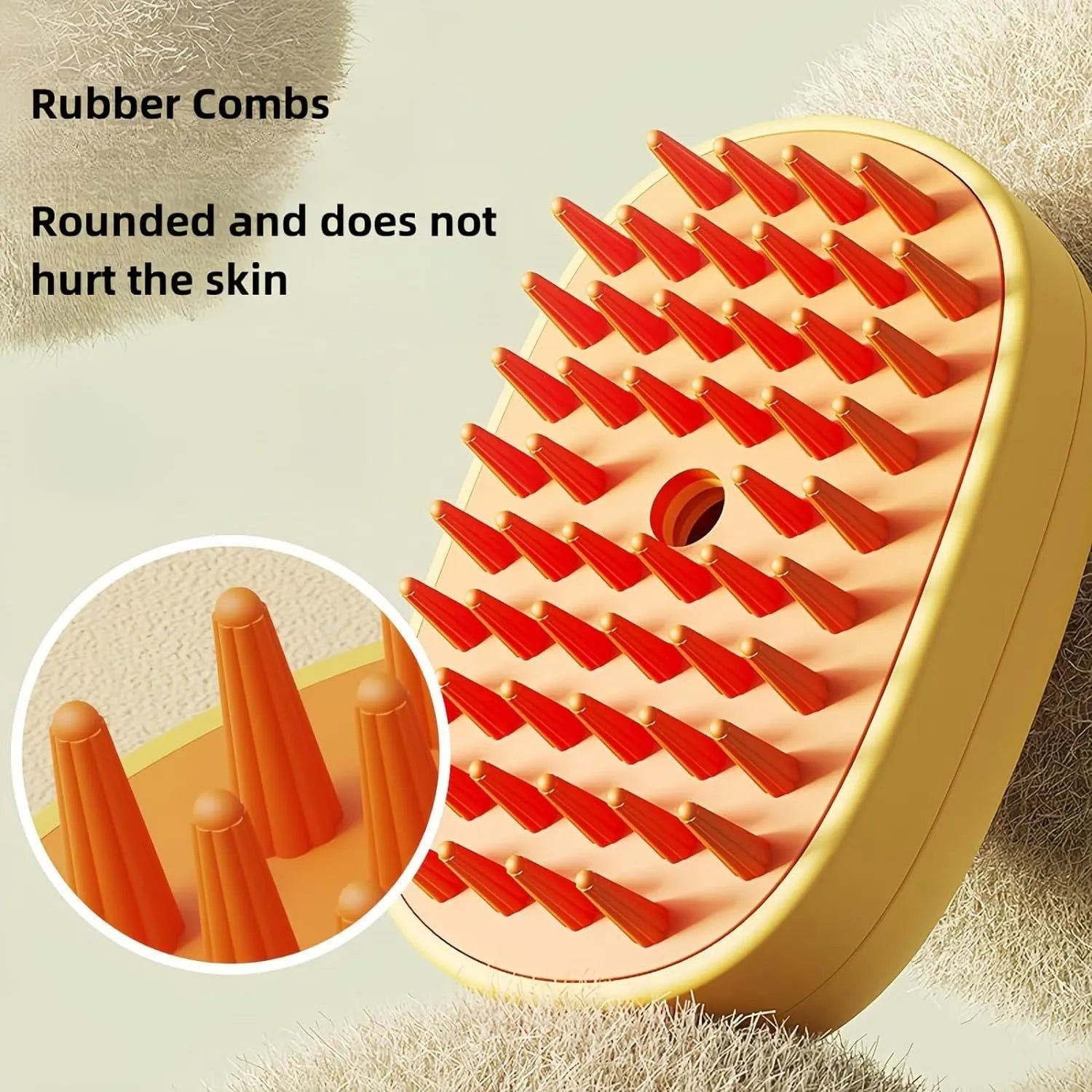 White rechargeable pet steam brush with silicone comb teeth for grooming dogs and cats.