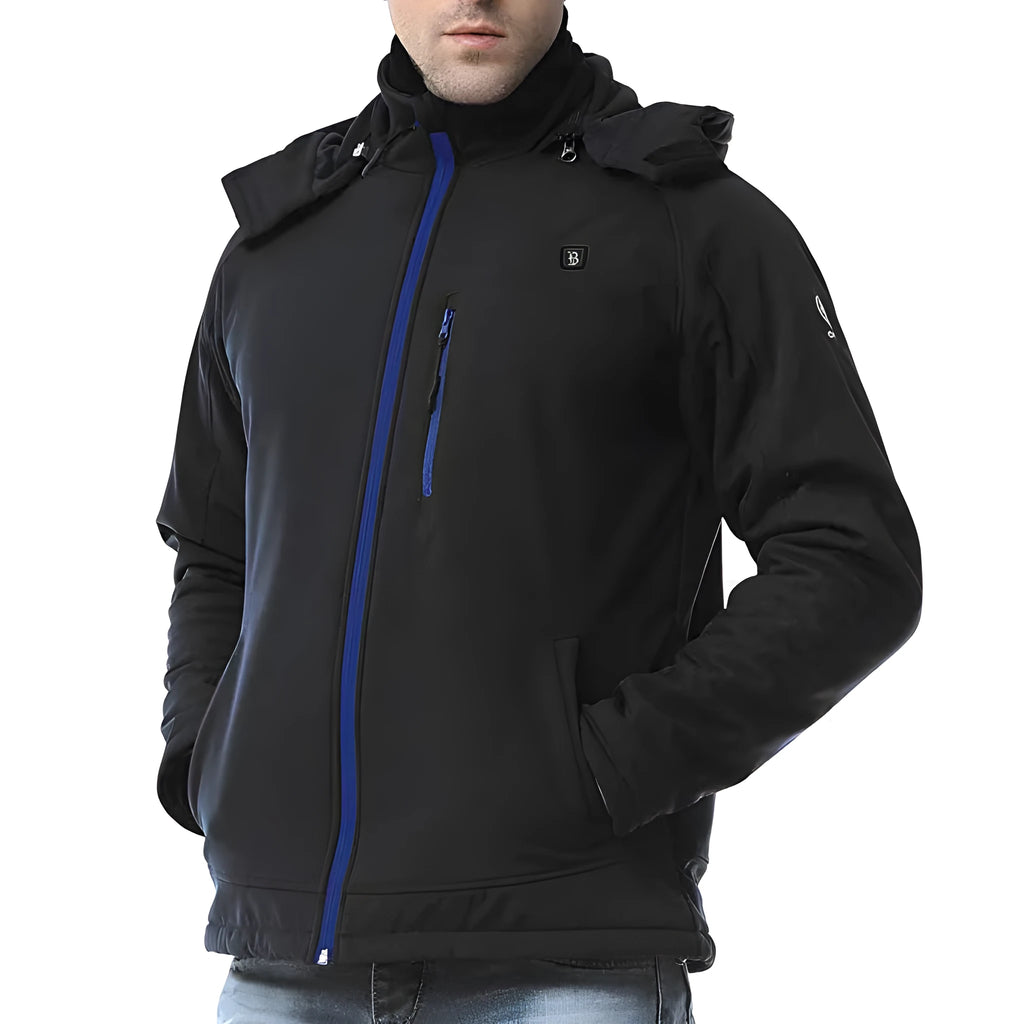 Black men's USB winter waterproof thermal coat with straight hem and zippered pockets