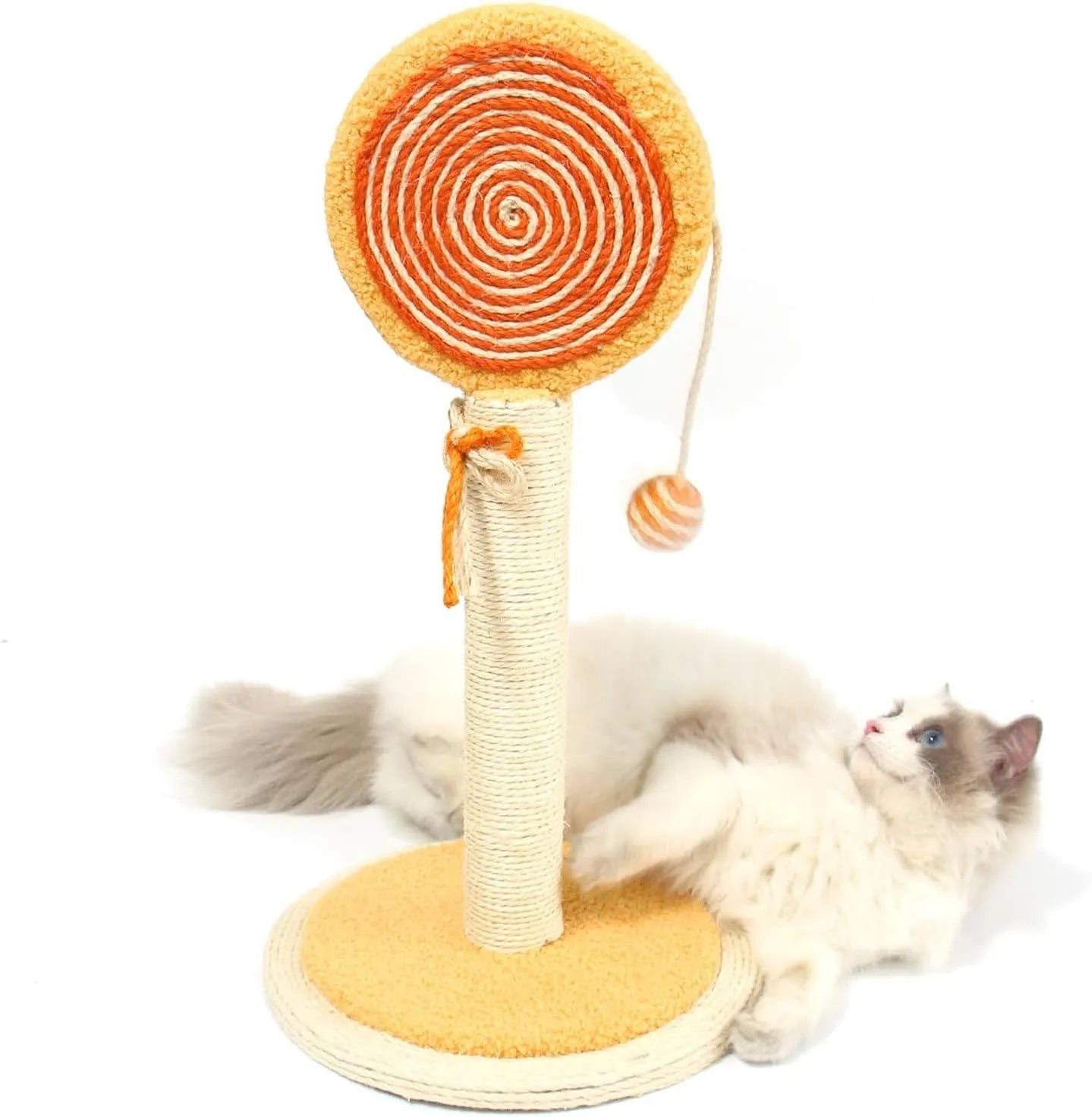Blue cat scratching post with sisal rope and a hanging toy ball on a sturdy wooden base