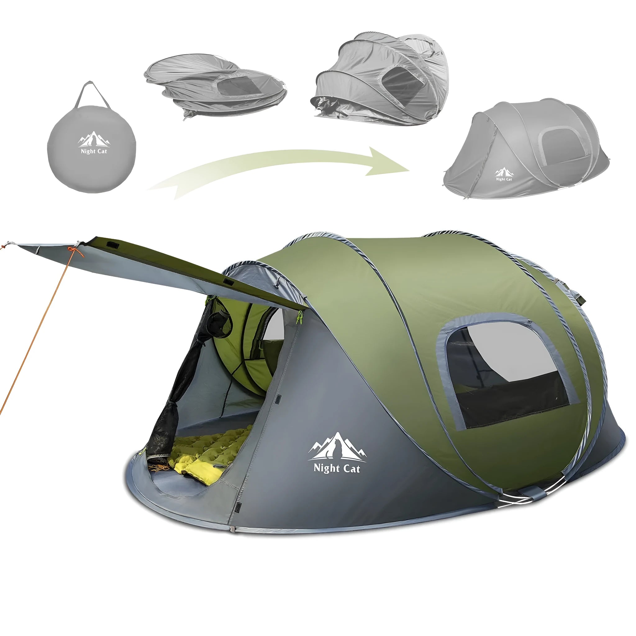 Dark green automatic two-person camping tent erected in a field, showing its small house style and compact dimensions.