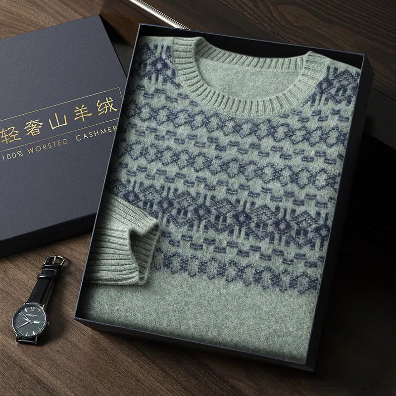 Men's jacquard cashmere sweater in beige, loose fit, long sleeves, thickened wool knit