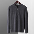 Men's grey pure wool half-zip sweater with diamond lattice pattern, loose fit, long sleeves.