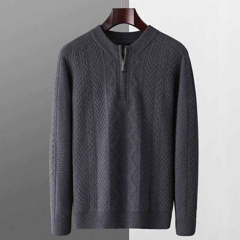 Men's grey pure wool half-zip sweater with diamond lattice pattern, loose fit, long sleeves.