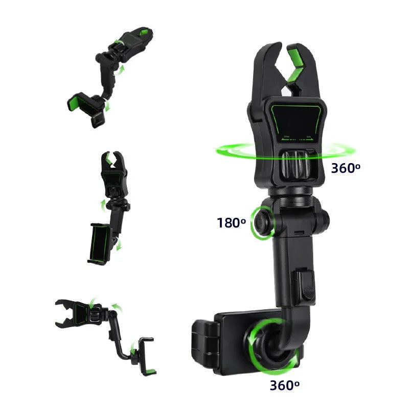Car mobile phone holder clipped onto rear view mirror with ABS bracket in black and green colour