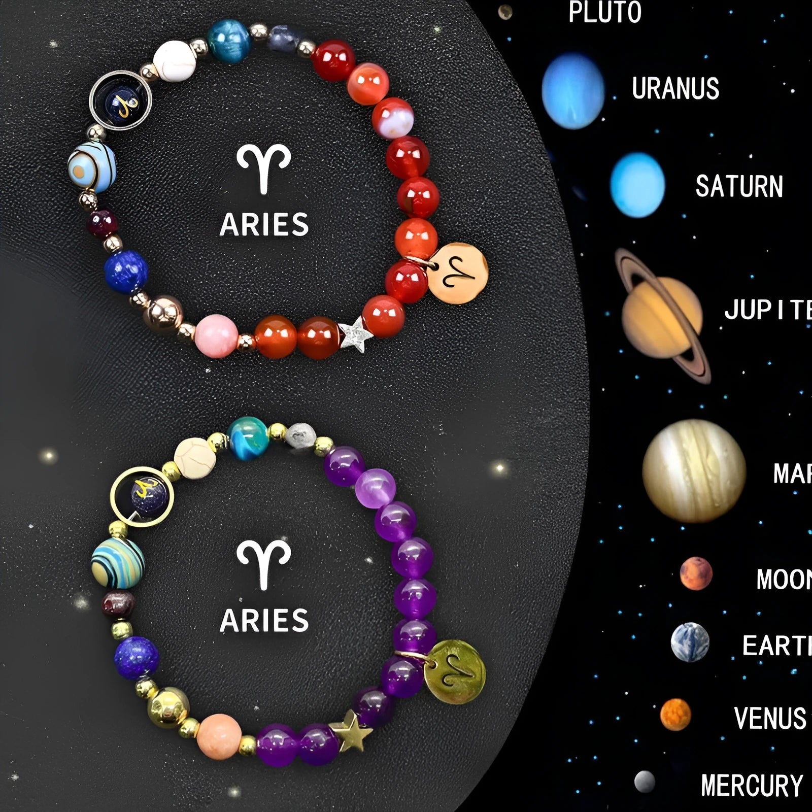 Natural stone beaded zodiac bracelet set with metal charm pendants showing astrological symbols