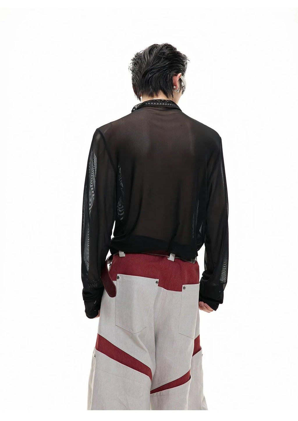Niche mesh ice-feeling slim bottoming shirt with long sleeves in trendy style, showing fabric texture and fit