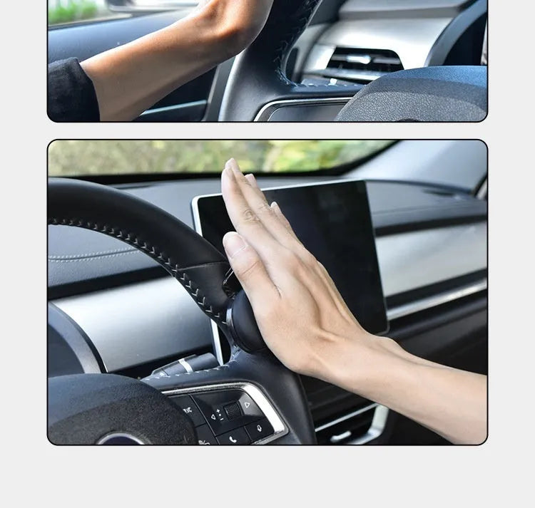 Black silicone steering wheel assist ball with metal bearing mounted on car steering wheel