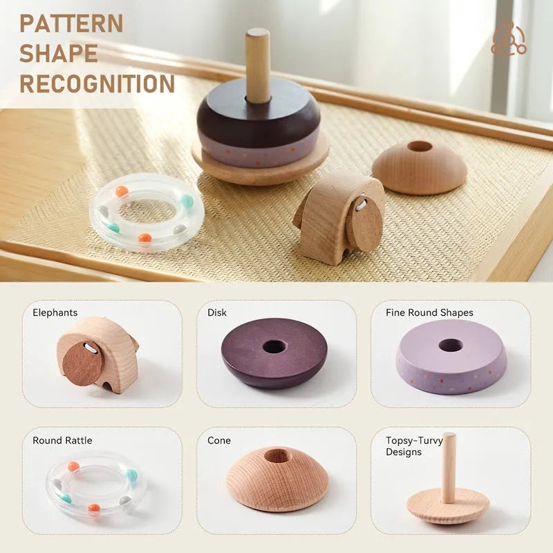 Baby wooden stacking post set of shapes with elephant bell colour option in cowhide box
