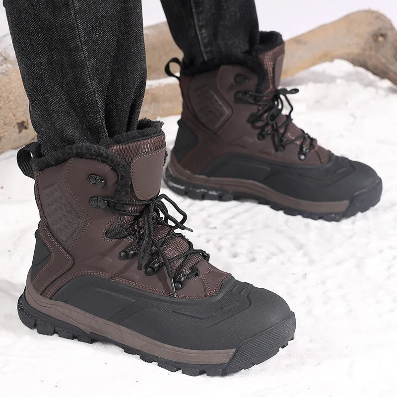 Black plus size men's high-top boots with fleece lining and front lace-up closure on a flat TPR sole.