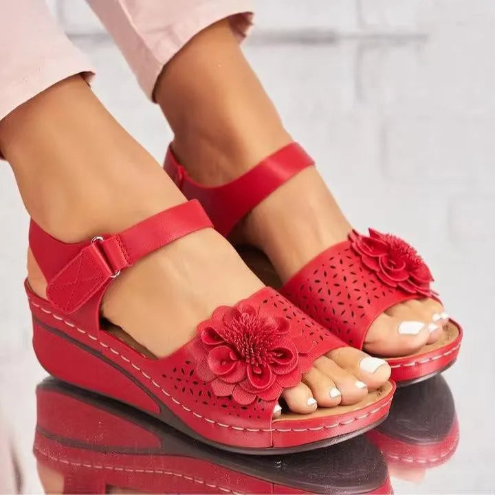 Women's plus size hollow-out flower platform wedge sandals in first layer cowhide with ankle buckle, beige colour