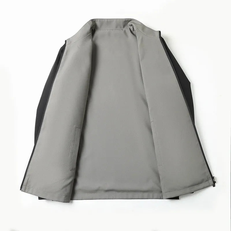 Men's double-sided stand collar casual loose windproof jacket in solid colour, size stick pockets, polyester fibre, front view