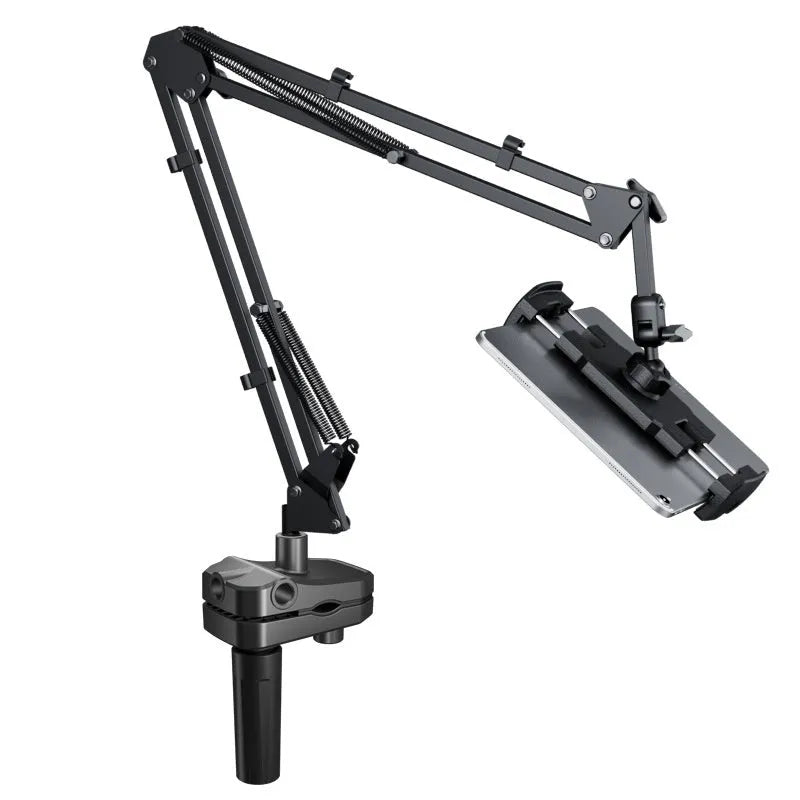 Metal cantilever bracket bedside table with four clips holding a mobile phone