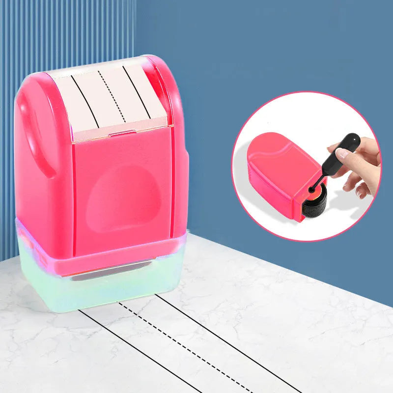 Rectangular plastic roller seal for stamping English lines, shown in multiple colour options.