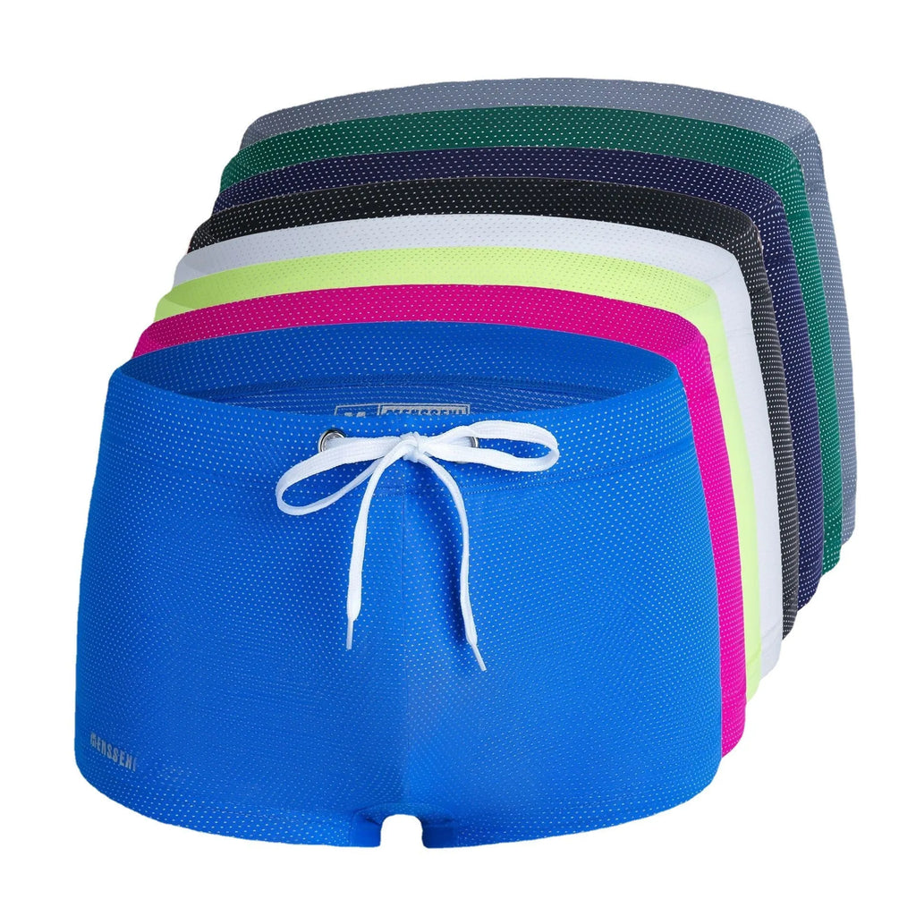 Men's low-waist boxer style swimming trunks with lace detailing in nylon fabric