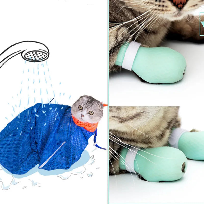 Four green silicone cat anti-scratch foot covers for paw protection during washing and handling