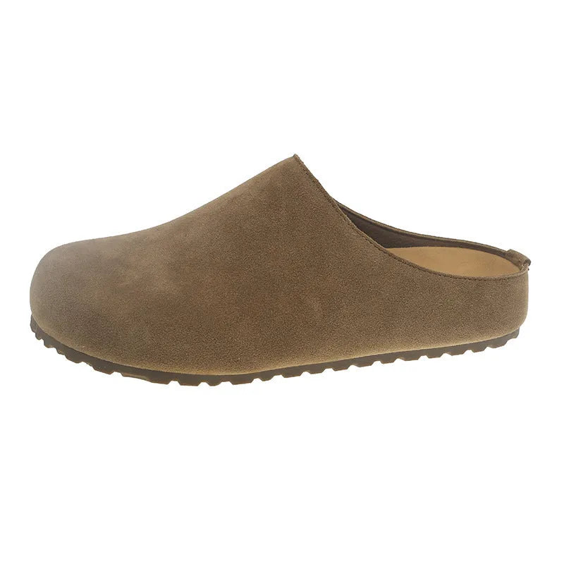 Korean style square toe slippers in apricot, khaki, camel, and brown colours on a soft microfibre upper with PU sole.