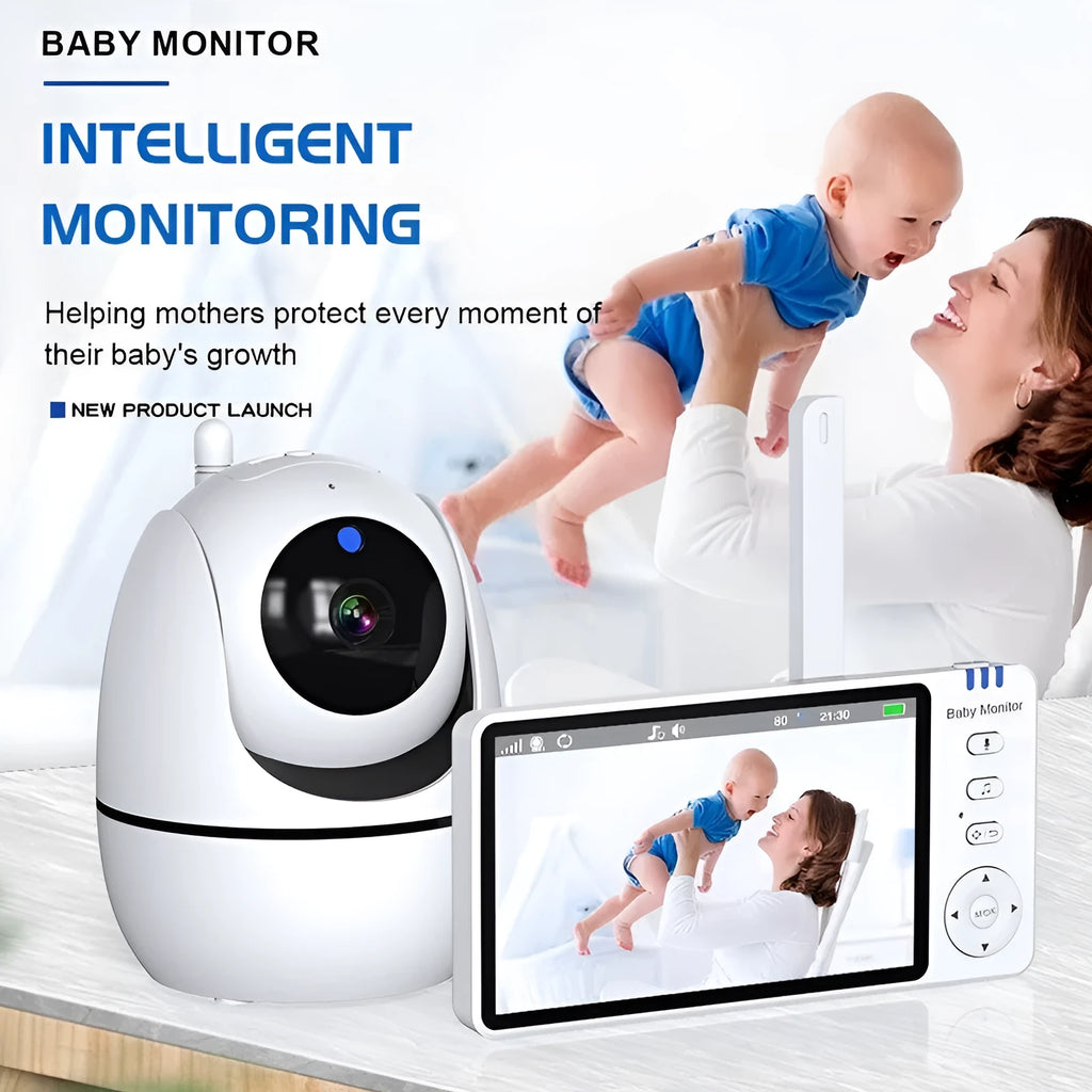 White wireless baby monitor with 5-inch HD screen showing nursery camera footage