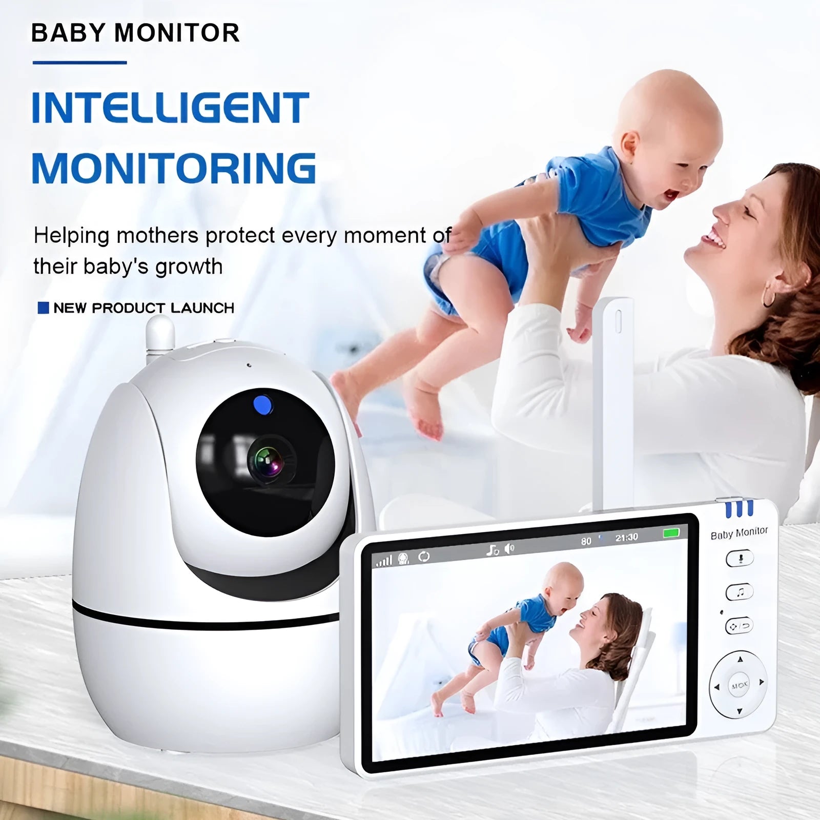White wireless baby monitor with 5-inch HD screen showing nursery camera footage