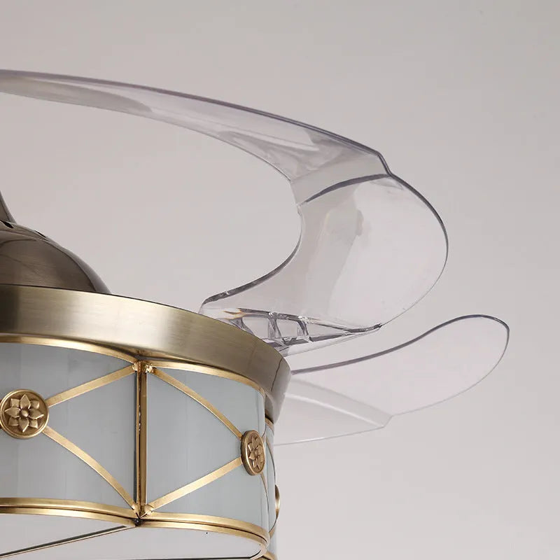 Gold 42-inch remote-controlled ceiling fan light with invisible blades and integrated LEDs