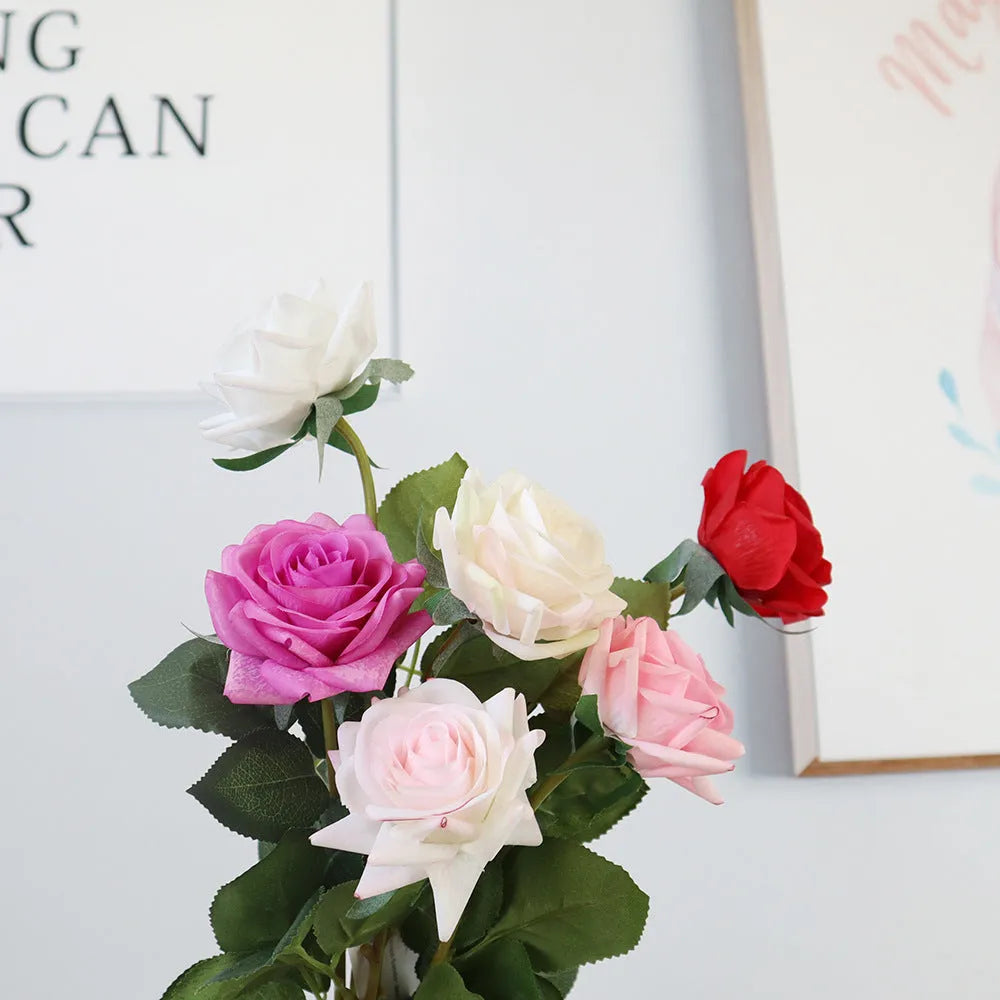 Artificial silk touch rose flower with red petals on a green plastic stem, showing approximate 42cm length.