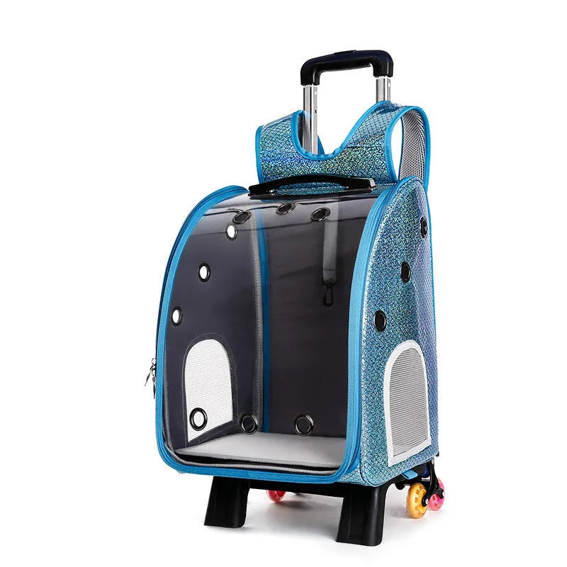 Transparent pet trolley bag with folding design and shoulder strap for small dogs