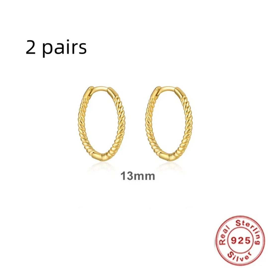 S925 Sterling Silver twisted string round ring earrings in gold or white gold plating, showing geometric design.