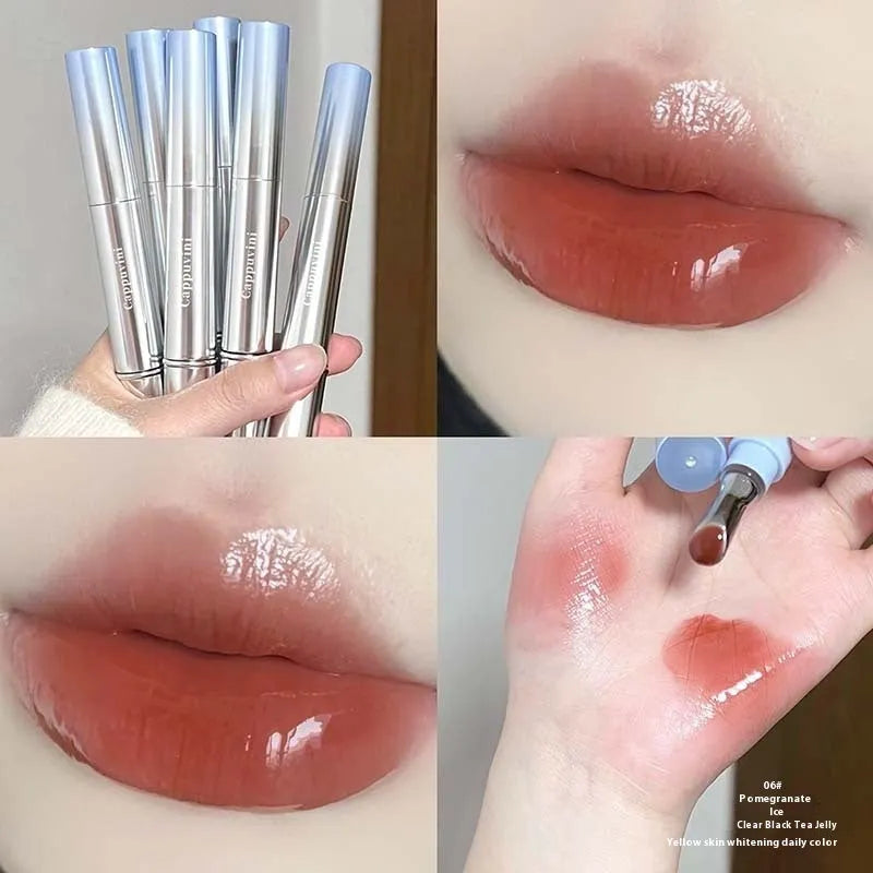 Mirror Water Light Lip Gloss Lipstick in six sheer shimmer shades in a slim case.