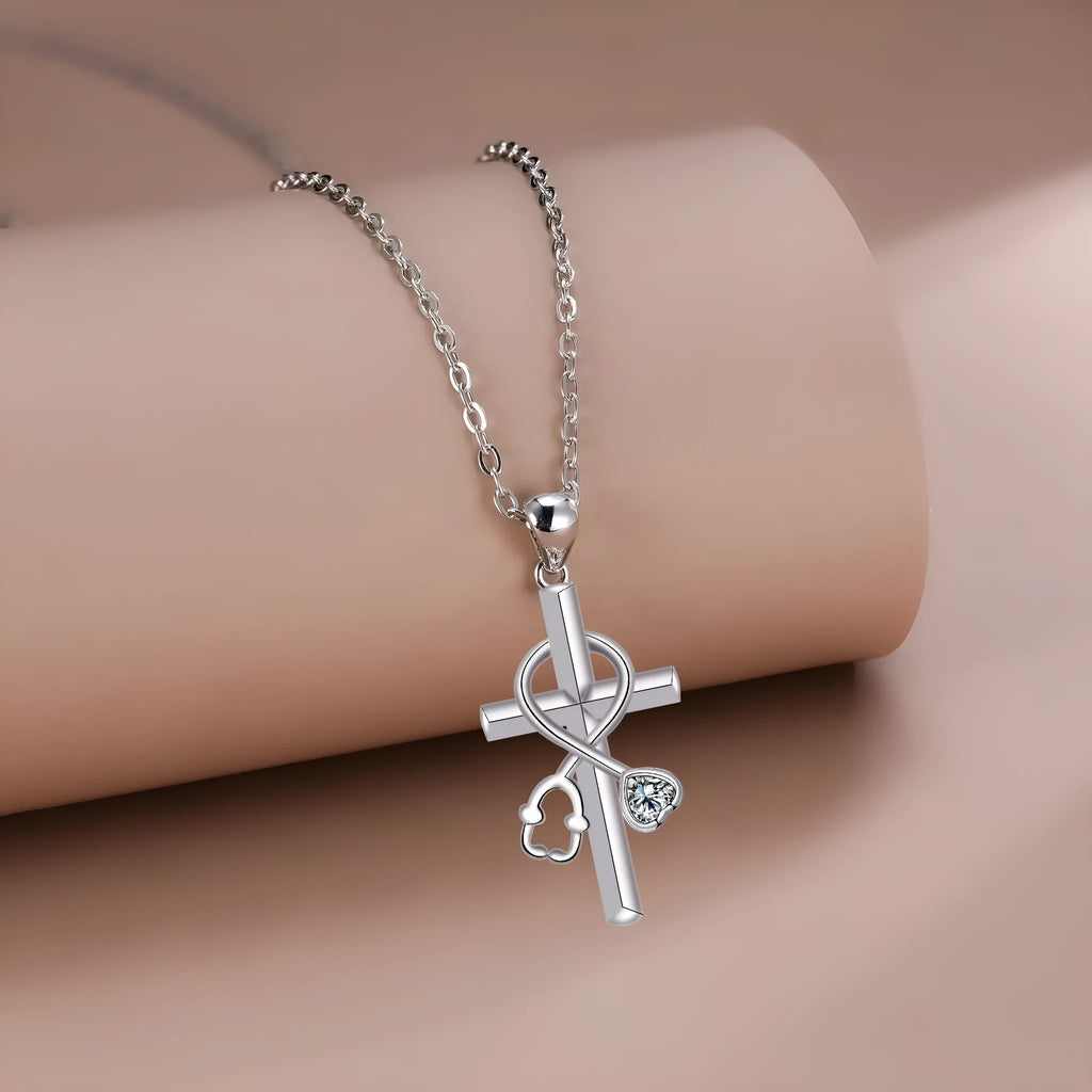 Cross stethoscope necklace with copper pendant on cross chain, medical-themed women's jewellery