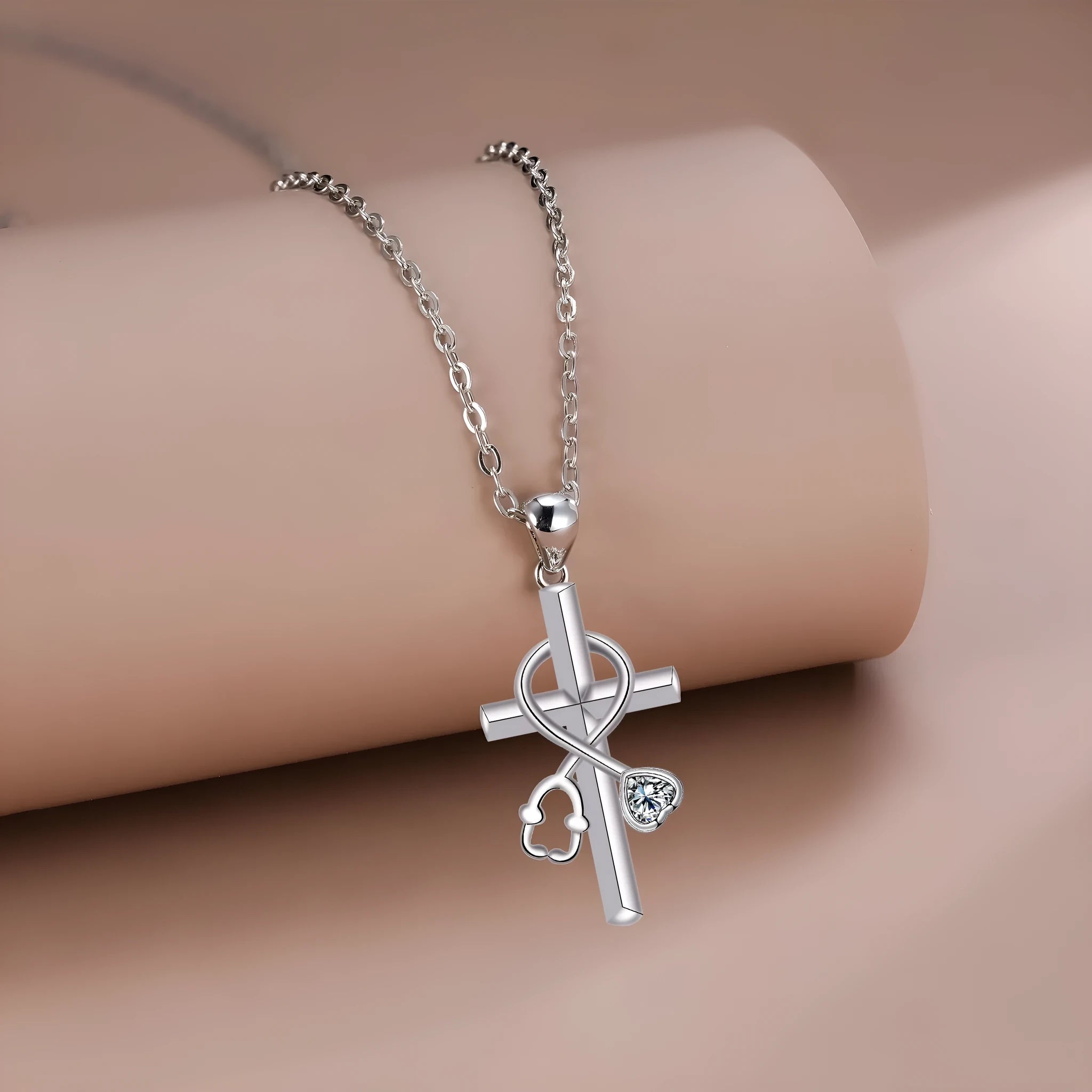 Cross stethoscope necklace with copper pendant on cross chain, medical-themed women's jewellery