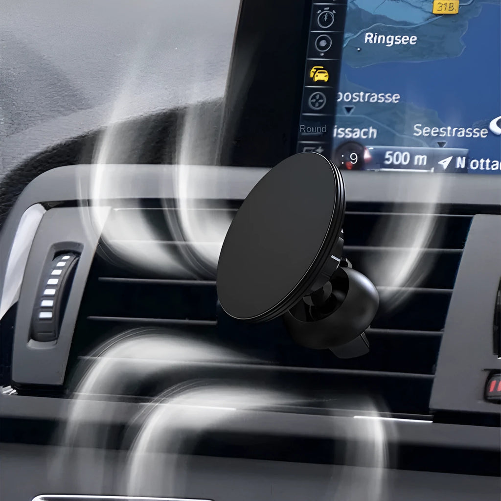 Black aluminium alloy magnetic car air vent mobile phone holder showing 360° rotation
